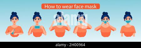 Infographic of how to wear a face mask. Vector of a woman presenting the correct method of wearing a mask Stock Vector