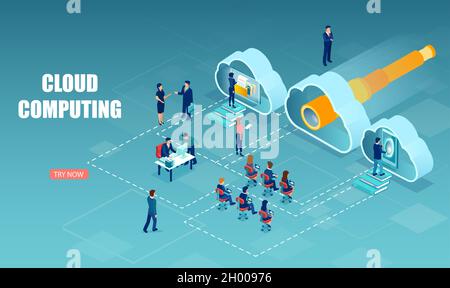 Isometric vector of business people using cloud computing technology Stock Vector