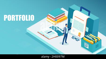Vector of a businessman managing financial portfolio data base Stock Vector
