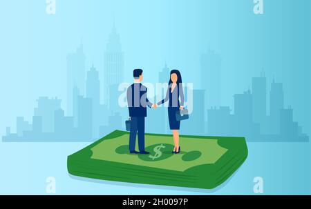 Vector of a businesswoman handshaking with a businessman on a pile of money having an agreement. Stock Vector