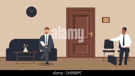 Office corridor on a cream background: waiting area for visitors with chairs,sofa and wooden boards on the floor.The door to the cabinet with a sign Stock Vector