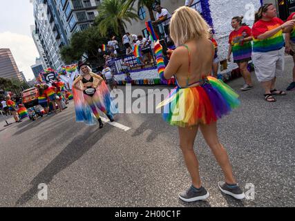 Participants of the Come Out With Pride Festival and Parade in downtown Orlando Florida on October 9, 2021. Tens of thousands of members of the LGBTQ community and their allies gathered for the annual event in Lake Eola Park. (Photo by Ronen Tivony/Sipa USA) *** Please Use Credit from Credit Field *** Stock Photo