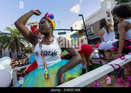 Participants of the Come Out With Pride Festival and Parade in downtown Orlando Florida on October 9, 2021. Tens of thousands of members of the LGBTQ community and their allies gathered for the annual event in Lake Eola Park. (Photo by Ronen Tivony/Sipa USA) *** Please Use Credit from Credit Field *** Stock Photo