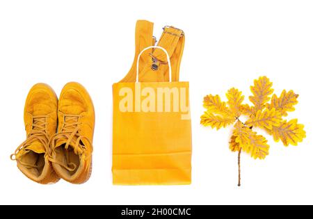 Autumn fashion outfit flat lay: orange sneakers and dress in a shopping bag by pigmented oak leaves isolated on white background. Stock Photo