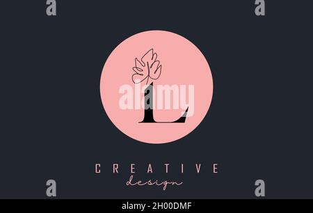 L letter logo design with Monstera leaf one line drawing on a pink circle background vector illustration. Minimalist icon. Stock Vector