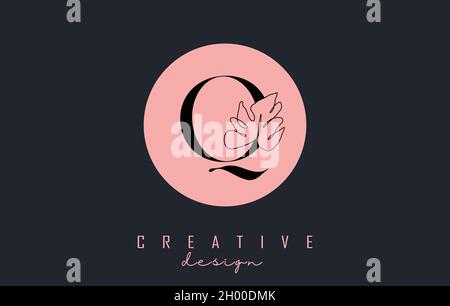 Q letter logo design with Monstera leaf one line drawing on a pink circle background vector illustration. Minimalist icon. Stock Vector