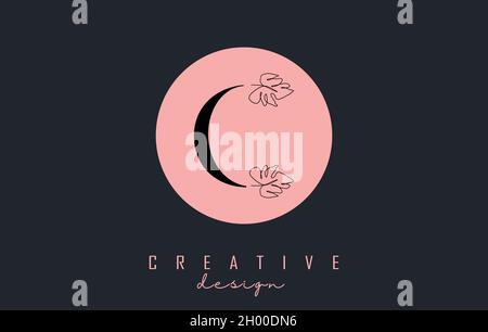 C letter logo design with Monstera leaf one line drawing on a pink circle background vector illustration. Minimalist icon. Stock Vector