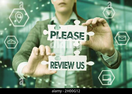 Text caption presenting Please Review Us. Conceptual photo situation or system is formal examination by showing authority Business Woman Holding Stock Photo