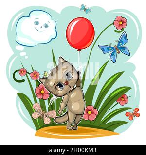 Baby Kitten catch with a net butterflies. Characters of child stand. Funny  scenery with cat. A young animal. Cute cartoon style. Clipart illustration  Stock Vector Image & Art - Alamy