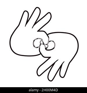Cartoon hand gesture signing 'Connect' in ASL. Black and while line icon of Sign Language. Vector clip art illustration. Stock Vector