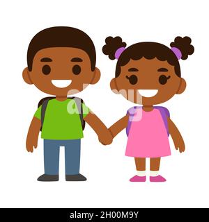 Two cute cartoon Black children with school backpacks smiling and holding hands. Older boy and young girl. Simple vector illustration. Stock Vector