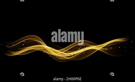 Golden shiny wave element on black background. Abstract stream of golden lines with glitter. Stock Vector