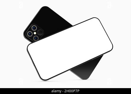 A 3D rendering of two smartphones isolated on a white background, showing the front and back Stock Photo