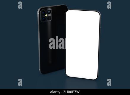 A 3D rendering of two smartphones isolated on a dark background, showing the front and back Stock Photo