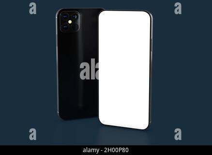 A 3D rendering of two smartphones isolated on a dark background, showing the front and back Stock Photo