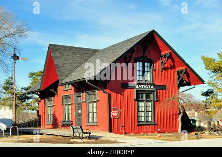 Batavia, Illinois, USA. The historic Batavia Depot that has been relocated and renovated and now stands as a museum near the Fox River. Stock Photo