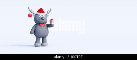 Reindeer funny character holding a gift box. White background with copy space 3d render 3d illustration Stock Photo