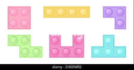 Set of popit bricks - trendy silicon fidget toys. Antistress addictive toy for fidget in pastel colors. Bubble sensory developing popit for kids finge Stock Vector