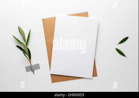 Blank greeting, invitation, congratulation or condolence card, a green olive branch, fixed on a white desk with washi tape. Stock Photo