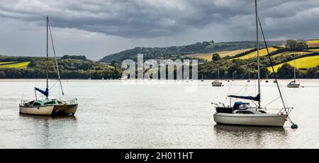 Yachts moored near Stoke Gabriel looking towards Dittisham and Blackness Point, Devon, United Kingdom Stock Photo