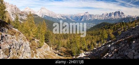 View of meadow, Larch wood, Le Tofane Gruppe and Hohe Gaisl, Dolomiti, Italy Stock Photo