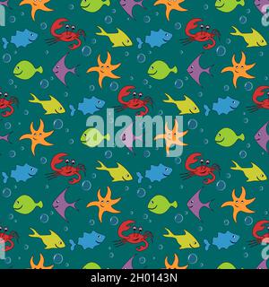 Children s Drawings Fish Crab Starfish Seamless Pattern Stock Vector