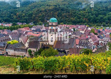 Vineyards and half-timbered houses characterize Kaysersberg in Alsace, France Stock Photo