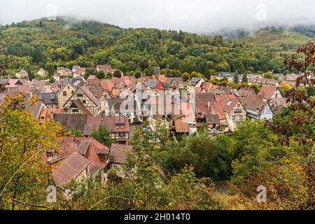 Vineyards and half-timbered houses characterize Kaysersberg in Alsace, France Stock Photo