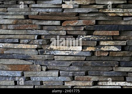 Dark brown rough stone wall. Brick wall stack background. Rock wall surface. Stony texture. Abstract pattern of brown stone texture. Pattern of decora Stock Photo