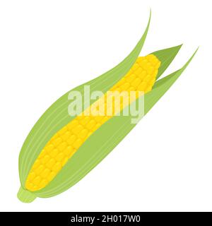 Single yellow ear of corn. Fresh cartoon organic vegetable isolated on white background. Stock Vector