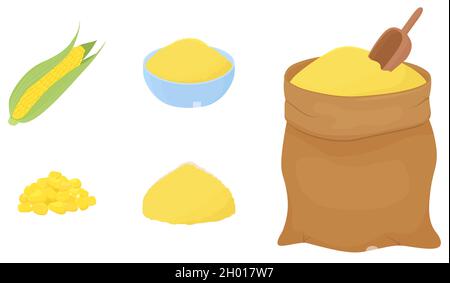 Corn yellow flour heap in sack and bowl isolated on white. Baking Ingredient for dough. Healthy organic food. Stock Vector