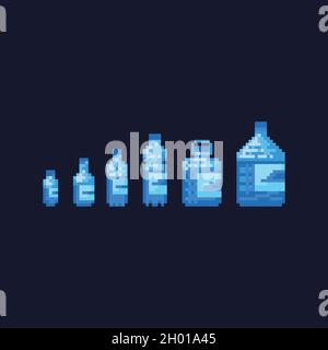 Pixel art 8 bit collection of recyclable plastic water bottles isolated vector illustration set Stock Vector