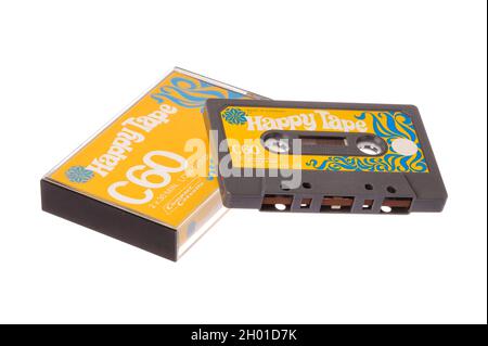 Stockholm, Sweden - October 8, 2021: A 1977 audio compact cassette C60  tape and case branded Happy Tape, produced by Agfa-Gevaert AG for the Swedish Stock Photo