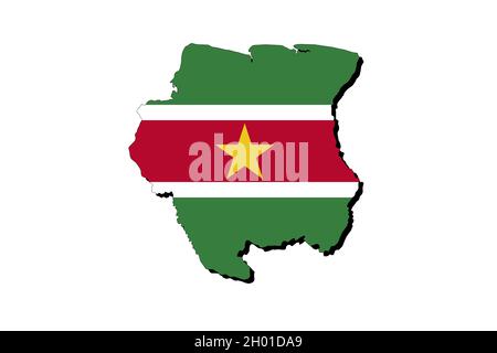 Outline map of Suriname with the national flag superimposed over the country. 3D graphics casting a shadow on the white background Stock Photo