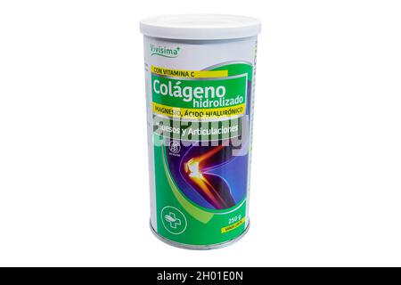 Huelva, Spain - August 28, 2021: Collagen bottle with magnesium with hyaluronic acid and vitamin C Stock Photo