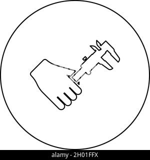 Calliper in hand Caliper in arm Measuring device measure use icon in circle round black color vector illustration solid outline style simple image Stock Vector