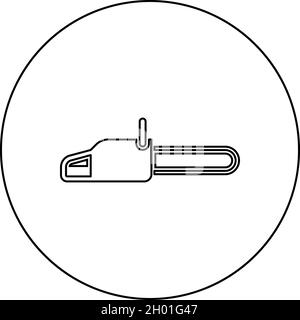 Chainsaw Petrol chain saw Lumberjack tool icon in circle round black color vector illustration solid outline style simple image Stock Vector
