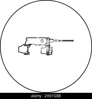 Electric rotary hammer drill in hand holding tool use Arm using Power tool icon in circle round black color vector illustration solid outline style Stock Vector