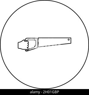 Wood saw in hand tool in use Arm for cutting Timber symbol Sawmill concept icon in circle round black color vector illustration solid outline style Stock Vector