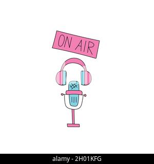 Microphone, headphones, a sign on air. Hand-drawn style in pink and blue on a white background. Icons for design or stickers Stock Vector