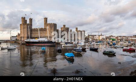 A multi image Panorama of the Caernarfon waterfront seen in October 2021 on the North Wales coast. Stock Photo