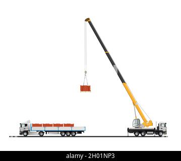 Truck crane. The process of unloading a truck with bricks. Flat vector illustration. Stock Vector