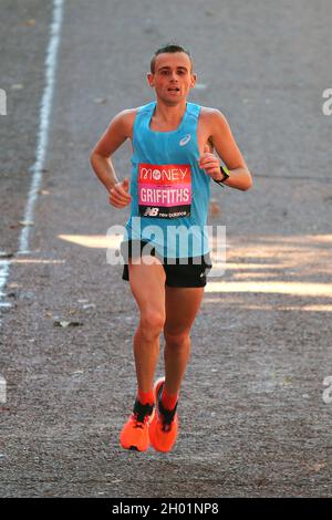 Joshua GRIFFITHS (GBR) finishes the 2021 Virgin Money London Marathon. Stock Photo