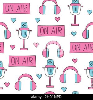 Doodle style. Microphone, headphones, a sign on air. Hand-drawn style in pink and blue. Seamless pattern on white Stock Vector