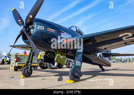 The Grumman F8F Bearcat is an American single-engine carrier-based fighter aircraft introduced in late World War II. It served during the mid-20th cen Stock Photo