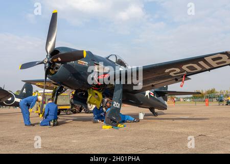 The Grumman F8F Bearcat is an American single-engine carrier-based fighter aircraft introduced in late World War II. It served during the mid-20th cen Stock Photo