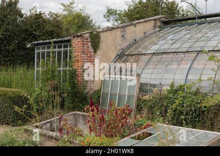 Old green house and cold frames in an allotment Stock Photo