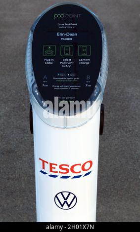 Electric Car, Pod Point, vehicle, charging bay, Tesco car park, Hunstanton, Norfolk, England 2 Stock Photo