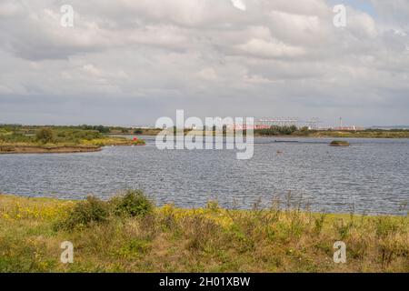 London Gateway container port Essex from Cliffe pools on the south bank of the Thames in Kent. Stock Photo