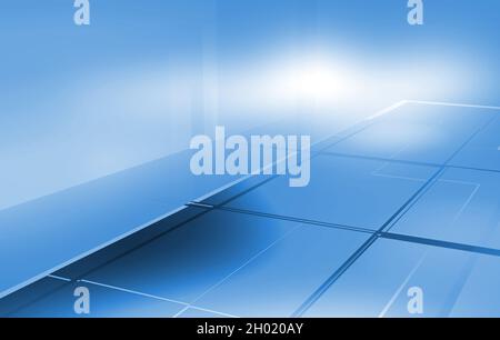 An abstract illustration of empty 3d space with multiple tiles on the ground in blue Stock Photo